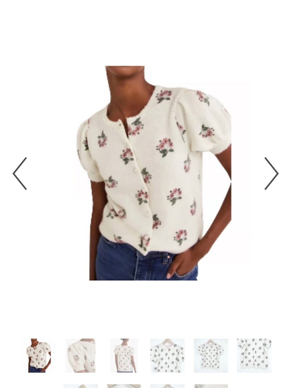 Boden Cream Short-Sleeve Cardigan with Pink Floral Motif